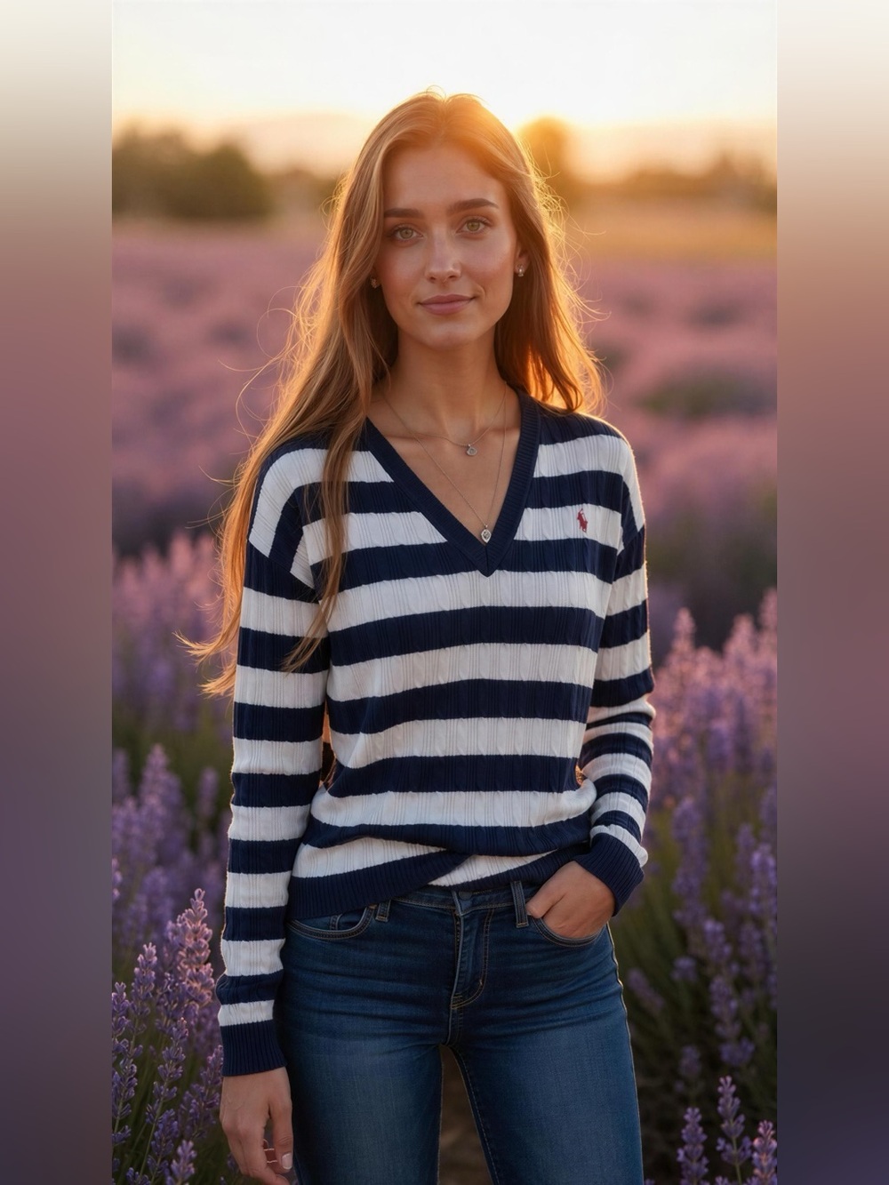 U.S. Polo Assn. Women's Striped V-Neck Sweater Blue And White - Size L